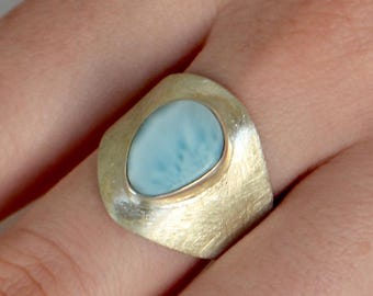 Larimar ring, brushed silver, size 58 | Gemstone ring, 13 x 10 mm | Handmade women's ring
