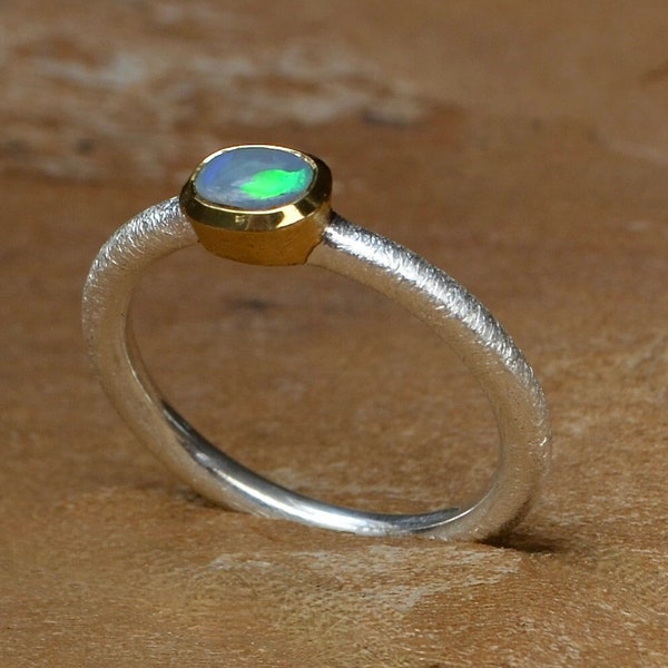 Ring Opal, Silber, gebürstet, Gold, Edelopal, Größe 55