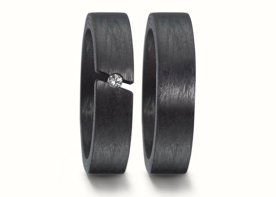 Anello Fidanzamento Carbonio Con Diamante Naturale E Zirconi – Unisex, Fatto In Germania