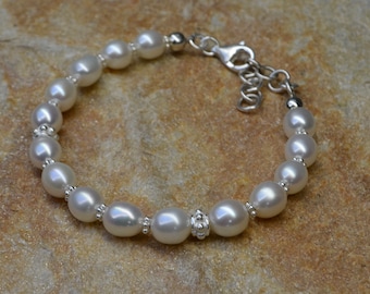 Bracelet pearl, silver, pearl bracelet with extension