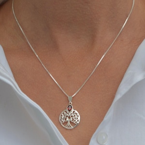 Tree necklace, silver, faceted, tree of life, pendant with chain, red gemstone