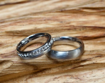 Partner rings, matte stainless steel, cubic zirconia, engagement rings, two-tone, wedding rings with free inner engraving
