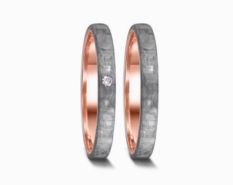 Trauringe Rotgold Carbon, 585/14 K Rotgold Diamant 0,02 ct, Eheringe Diamant, Partnerringe bicolor