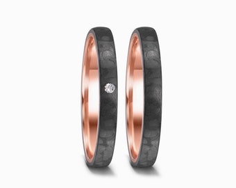 Trauringe Rotgold Carbon, 585/14 K Rotgold Diamant 0,02 ct, Eheringe Diamant, Partnerringe bicolor