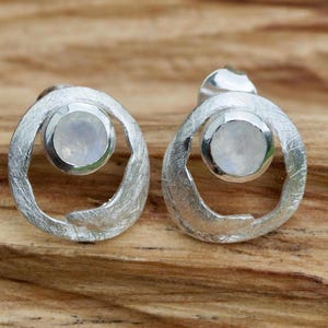 Moonstone Stud Earrings, Silver Stud Earrings, Circle Stud Earrings Gemstone