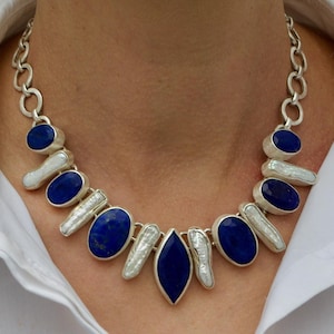 Lapis lazuli necklace, faceted, 950 silver brushed, bar bead, blue gemstone, unique piece