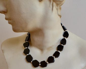 Necklace tourmaline, brushed silver, natural black tourmaline