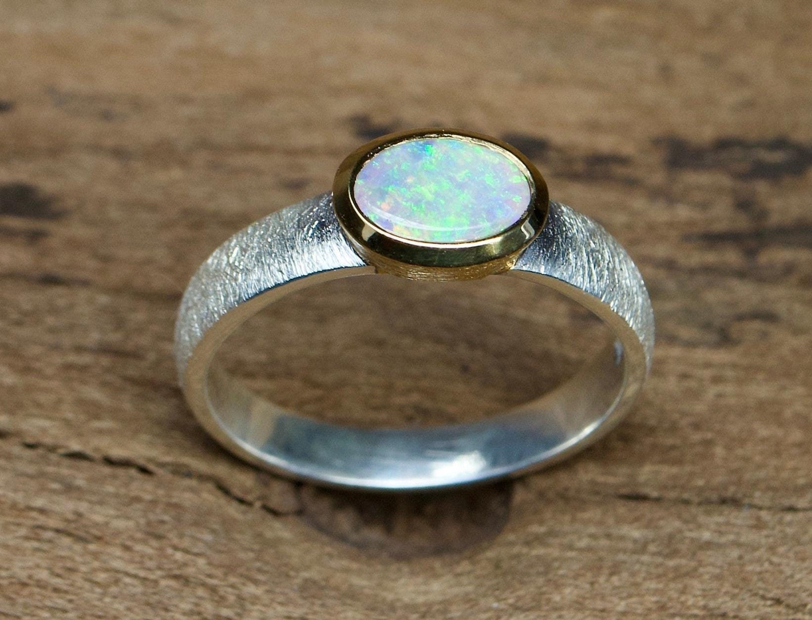 Opal Ring, Brushed Silver, Micron Gold-plated, Precious Opal