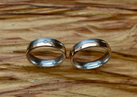 Anillos de pareja de acero inoxidable rosa circonita anillos de compromiso anillos de boda bicolor Etsy Espana