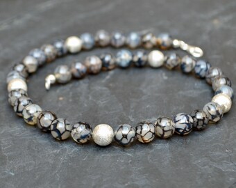 Agate necklace, brushed silver, silver chain with woven agate beads
