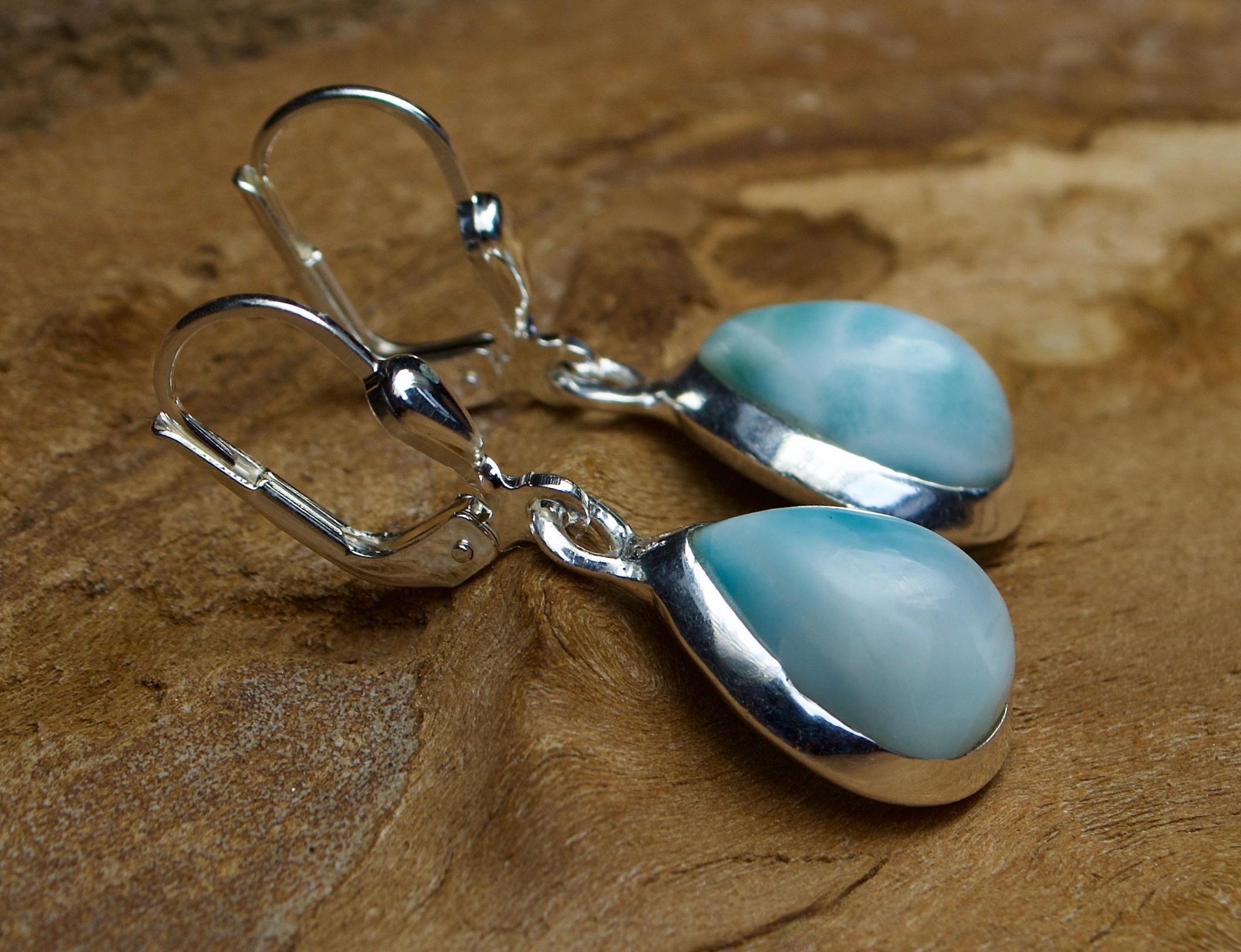 Boucles D'oreilles Crochet Style Goutte - Argent Sterling 925 Avec Larimar Bleu Océan Et Fleurs - Occasion
