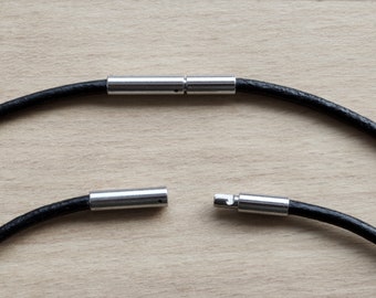 Leather necklace, black chain, 2 mm leather cord, stainless steel clasp
