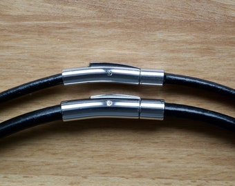 Leather necklace, black chain, leather strap, stainless steel clasp