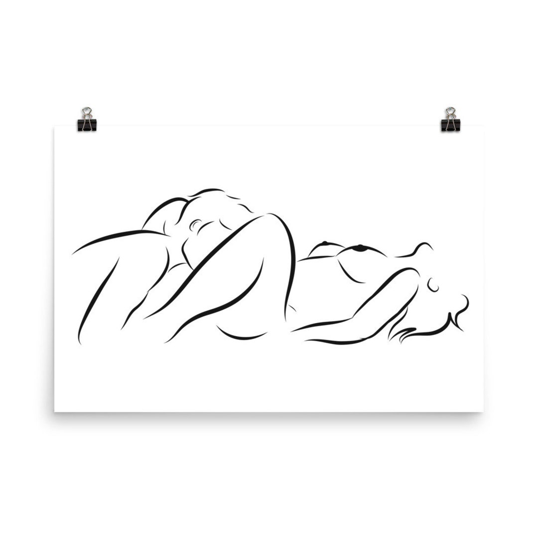 Erotic Line Art, Minimalist Abstract Couple Making Love, Oral Sex Sensual P...