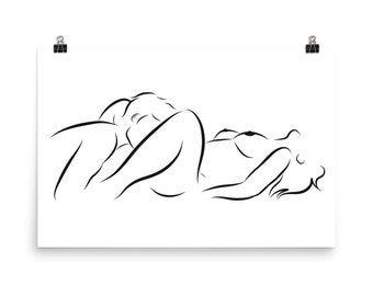 Arte de línea erótica, pareja abstracta minimalista haciendo el amor, impresión sensual de sexo oral, arte de pared desnuda, dibujo de mujer de cuerpo desnudo sexy, arte de la habitación de la cama