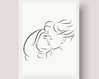 Line Art, Minimalist Drawing,Women Kissing Print, Sensual women love, Lgbt Print, Lesbian/ Gay Kiss, Scene from Mulholland Drive Movie