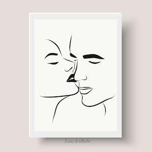 Line Art Couple, Line Art Kiss, Sensual Couple Kissing Drawing, Couple Making Love Print, Minimalist Line Art, Digital Art, Wall Art Decor,