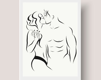 Line Art Couple Kiss, Minimalist Lovers Holding Hands Drawing, Woman Body Line Art, Abstract Wall Print, Custom Line Portrait Printable Wall