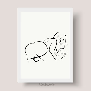 May include: A black and white line art drawing of a person in a suggestive pose.