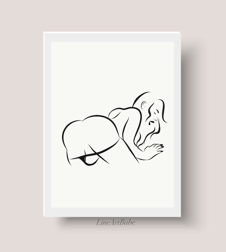 May include: A black and white line art drawing of a person in a suggestive pose.