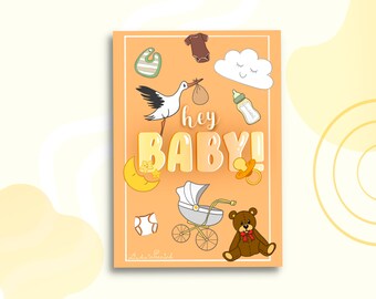 Hey Baby! | Handgemaakte | Gender neutrale baby wenskaart | Babykaart Jongens &Meisjes | Jongens en Meisjes |