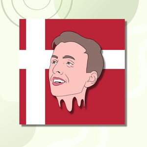 May include: A cartoon illustration of a person's head with a red, white, and red Danish flag background. The person is smiling and has brown hair.
