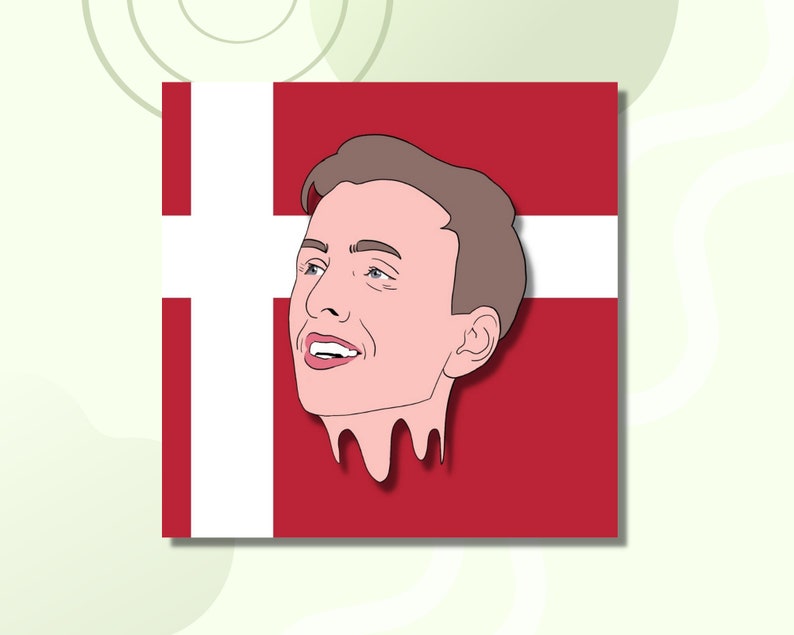 May include: A cartoon illustration of a person's head with a red, white, and red Danish flag background. The person is smiling and has brown hair.