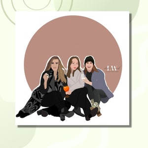 May include: Three women are sitting together, smiling. They are wearing casual clothing and holding drinks. The background is a light brown circle.