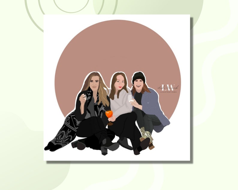 May include: Three women are sitting together, smiling. They are wearing casual clothing and holding drinks. The background is a light brown circle.