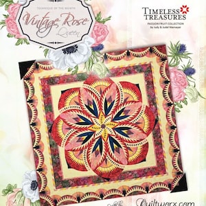 Puede incluir: Portada de folleto para un patrón de acolchado llamado "Vintage Rose Queen" de la colección Timeless Treasures Passion Fruit Collection de Judy & Judel Niemeyer. La portada presenta un diseño de acolchado colorido con un patrón de estrella roja, amarilla y azul. El acolchado está rodeado por un borde blanco, amarillo y rojo.