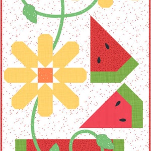 May include: A digital illustration of a summer scene with a watermelon, a yellow flower, and green vines on a white background with red polka dots.