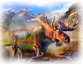 S4797-623 Umber Moose - Call of the Wild Digital Panel, 33in x 44in | Hoffman Fabrics
