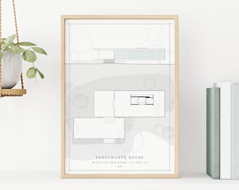 May include: A black and white line drawing of the Farnsworth House designed by Mies van der Rohe in Plano, Illinois in 1951. The drawing shows the house from above and in profile.