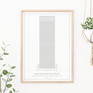 May include: A black and white line drawing of the Seagram Building in New York City. The text below the building reads "The Seagram Building, Mies van der Rohe, New York City, 1958."