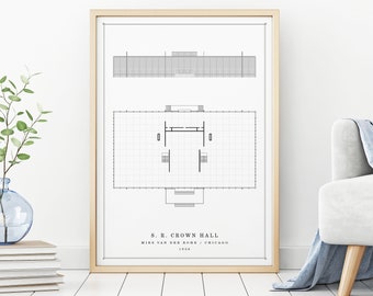 May include: Black and white architectural drawing of S.R. Crown Hall by Mies van der Rohe in Chicago, 1956.
