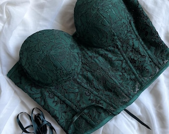 Emerald green lace macramé corset top bustier with cups made to measure