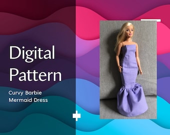 May include: Digital pattern for a mermaid dress for a curvy Barbie doll. The dress is a light purple color.