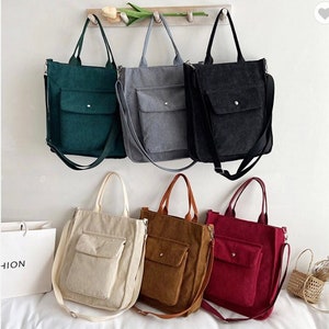 Women Canvas Zipper Bag Student Tote Shoulder Messenger Bag Embroidery Bear  Small Corduroy Bag Satchel Travel Purse Handbag