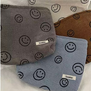 Smiley Face Corduroy Cosmetic Bag Large Cosmetic Bag Makeup Organizer Supplies Bag Smiley Faces Happy Toiletry Bag image 1