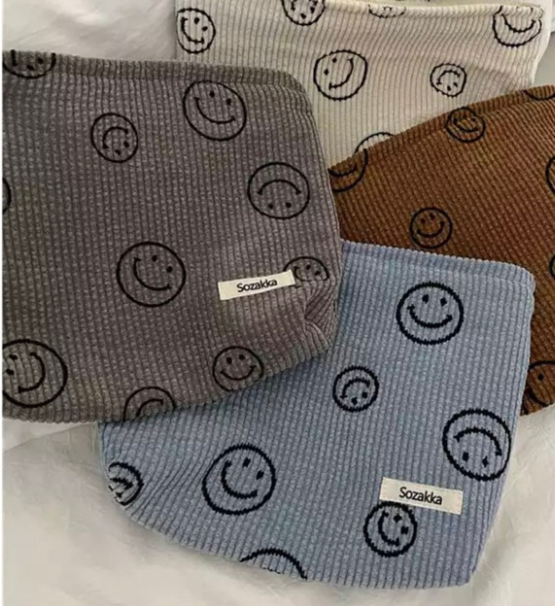 Smiley Face Corduroy Cosmetic Bag Large Cosmetic Bag Makeup Organizer Supplies Bag Smiley Faces Happy Toiletry Bag image 1