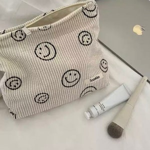 Smiley Face Corduroy Cosmetic Bag Large Cosmetic Bag Makeup Organizer Supplies Bag Smiley Faces Happy Toiletry Bag image 4