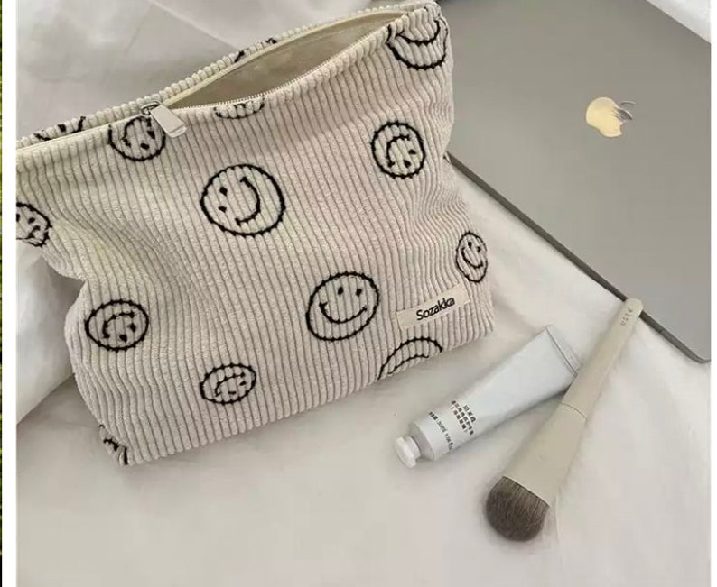 Smiley Face Corduroy Cosmetic Bag Large Cosmetic Bag Makeup Organizer Supplies Bag Smiley Faces Happy Toiletry Bag image 4