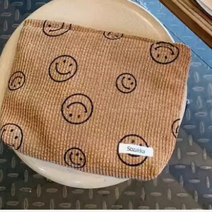 Smiley Face Corduroy Cosmetic Bag Large Cosmetic Bag Makeup Organizer Supplies Bag Smiley Faces Happy Toiletry Bag image 3