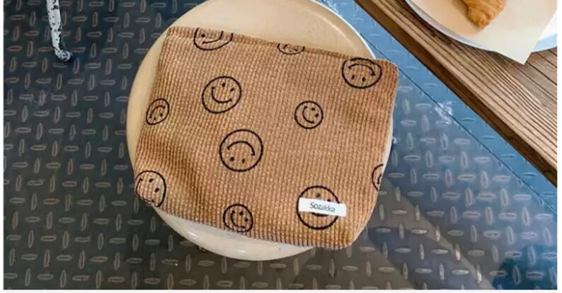 Smiley Face Corduroy Cosmetic Bag Large Cosmetic Bag Makeup Organizer Supplies Bag Smiley Faces Happy Toiletry Bag image 3