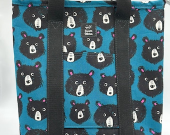 Handmade Canvas Backpack, Ruby Star Star Society Fabric, Cute Bear Print Bookbag, Tote Backpack for Women or Teens, Buckthorn Bagpack,