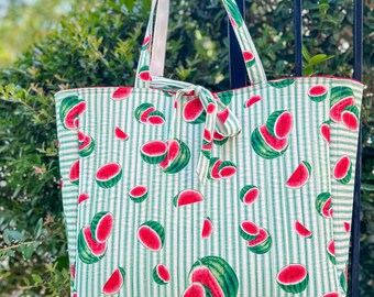 Vintage Wamsutta Watermelon Quilted Tote Bag | Handmade Summer Shoulder Bag | Waterproof Lining | Beach Tote | Farmer’s Market Bag