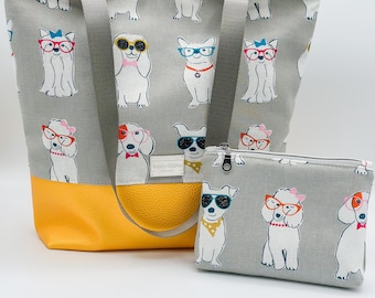 Dogs with Glasses Tote Bag and Zipper Pouch Set, Handcrafted Tote Bag, Library Bag, Gifts for Her, Teacher Gift