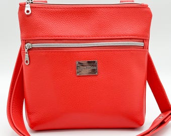 Red Leather Crossbody Bag, Pebble Grain Leather Purse, Medium Crossbody Handbag, Handmade Leather Bag, Phone Pocket Purse