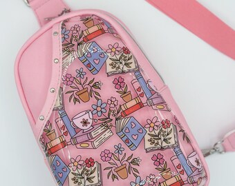 Pink Book Lover Sling Bag, Rosie Sling Bag, Handmade Crossbody Backpack for Women & Teens, Cute Floral Book Print, Travel Bag