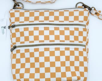 Checkered Crossbody Bag, Triple Zipper Travel Purse, Lightweight Everyday Bag, Adjustable Strap